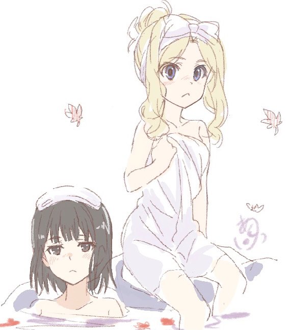 2girls, :<, artist_name, asshuku, bangs, bare_shoulders, bathing, black_eyes