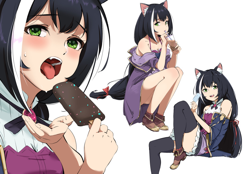 1girl, animal_ear_fluff, animal_ears, bikini, black_bikini, black_hair, black_kimono, blue_sleeves
