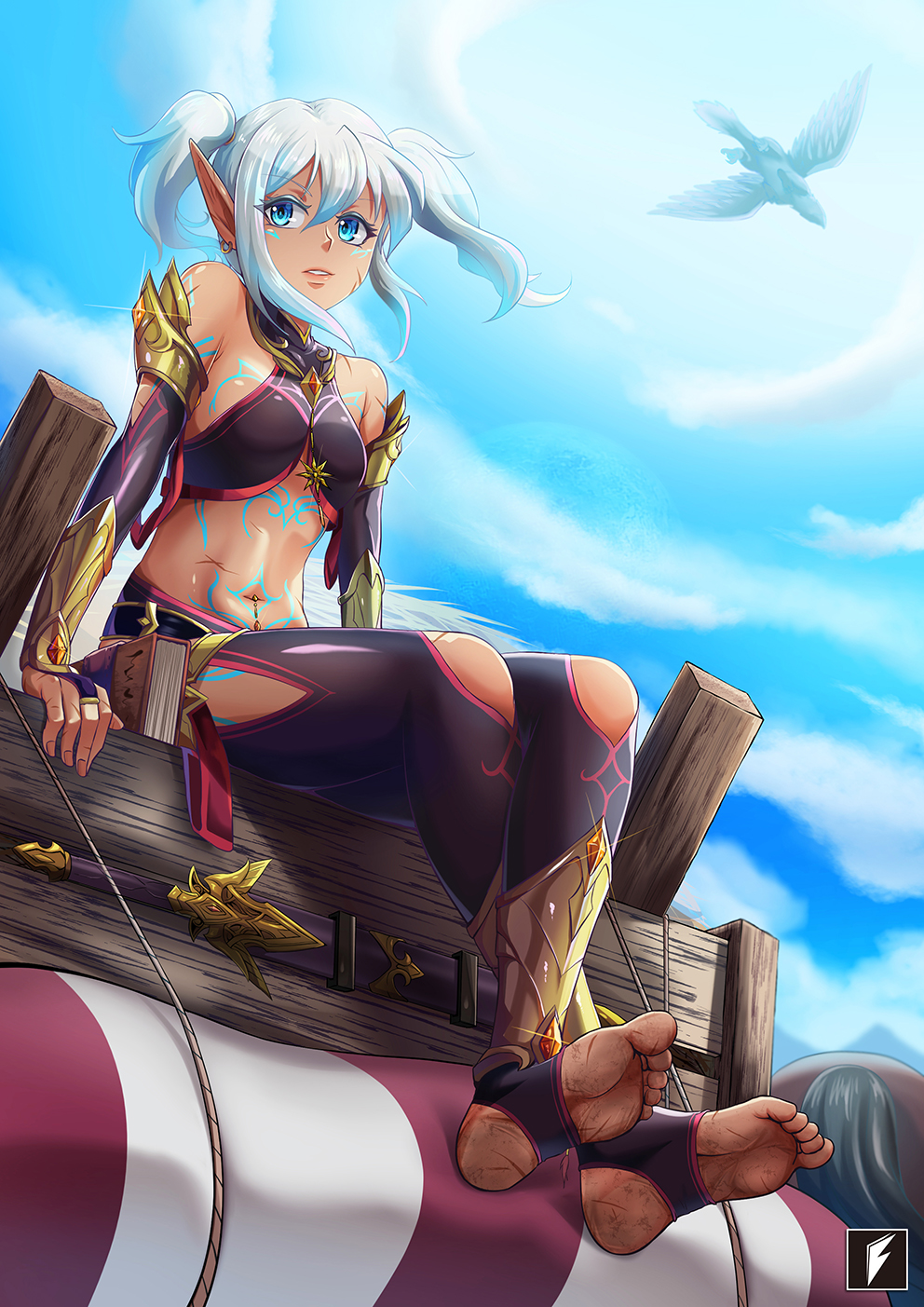 1girl, arm_guards, armlet, barefoot, bikini, bikini_top, bird, blue_eyes, body_markings, book, caravan, clouds, crossed_legs, dancer, dark_elf, dark_skin, detached_sleeves, dirty, dirty_feet, elf, facial_mark, highres, horse, leggings, navel, navel_piercing, original, piercing, pointy_ears, scar, scar_on_cheek, scar_on_face, scratches, shin_guards, sitting, sky, soles, swimsuit, sword, tan, teng_zhai_zi, toes, twintails, warrior, weapon, white_hair