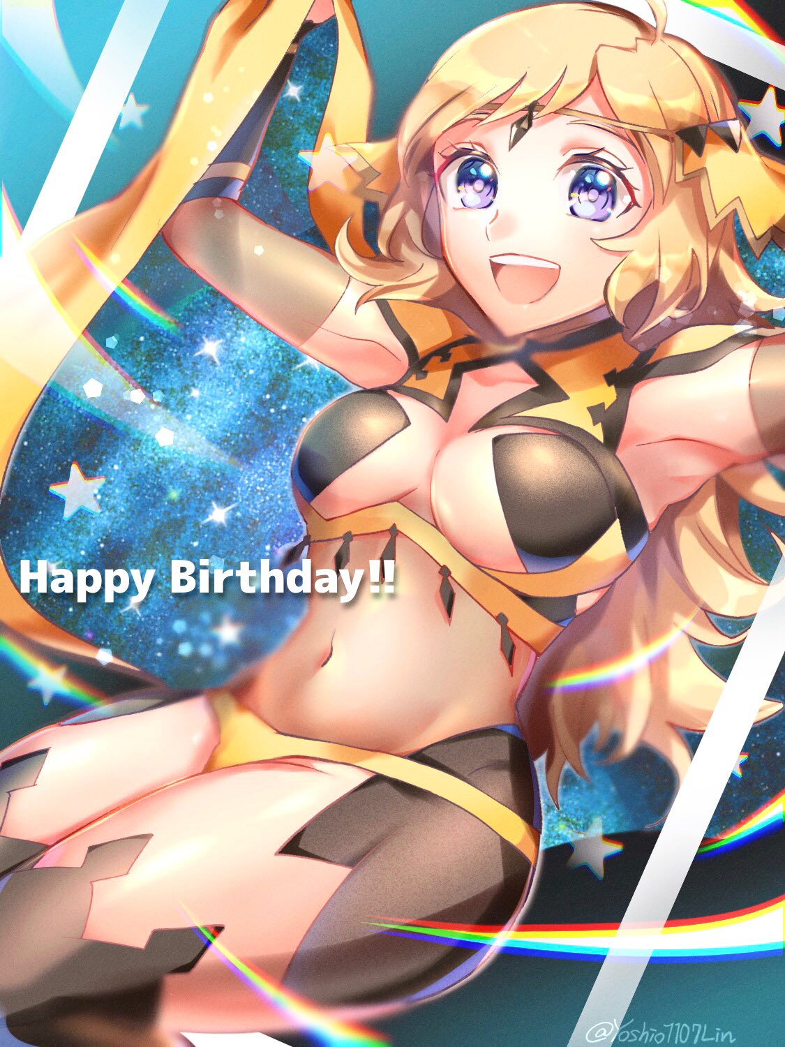1girl, ahoge, armpits, bangs, blonde_hair, bodystocking, breasts, cape, circlet, covered_navel, fire_emblem, fire_emblem_fates, grey_eyes, highres, long_hair, medium_breasts, open_mouth, ophelia_(fire_emblem), starry_background, turtleneck, yoshio1107lin