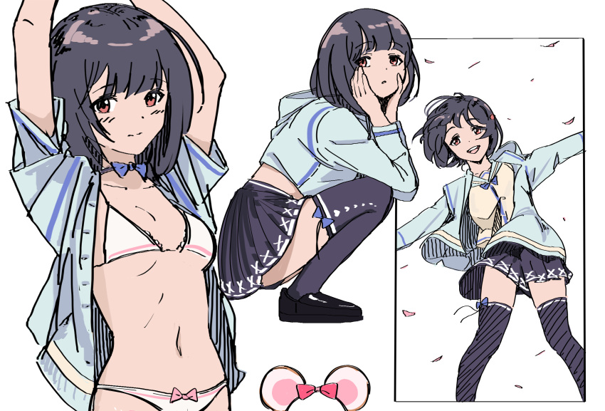 1girl, bangs, black_hair, blue_hoodie, bra, eyebrows_visible_through_hair, granblue_fantasy, hairband_removed