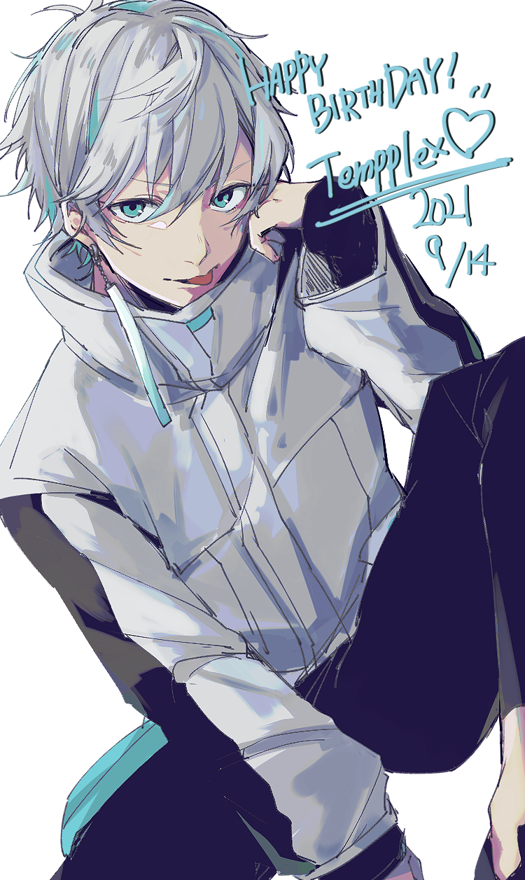 1boy, aqua_eyes, aqua_hair, bangs, black_pants, character_name, dated, grey_hair