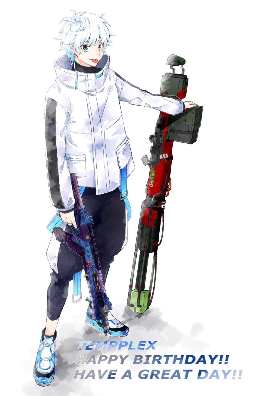 1boy, apex_legends, assault_rifle, black_pants, blue_eyes, blue_hair, bonchi_(katsuottk2), character_name, gun, hair_behind_ear, happy_birthday, highres, holding, holding_gun, holding_weapon, kraber, male_focus, multicolored_hair, pants, r-301_carbine, reignite, rifle, shoes, sneakers, sniper_rifle, solo, streaked_hair, sweatpants, tempplex, thai_commentary, tongue, tongue_out, weapon, white_background, white_hair