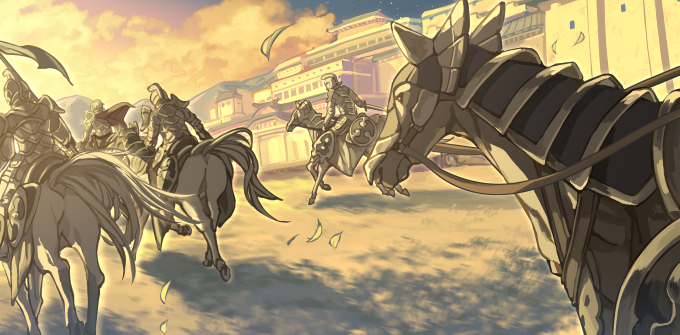 4others, ambiguous_gender, animal, architecture, armor, barding, cape, cavalry