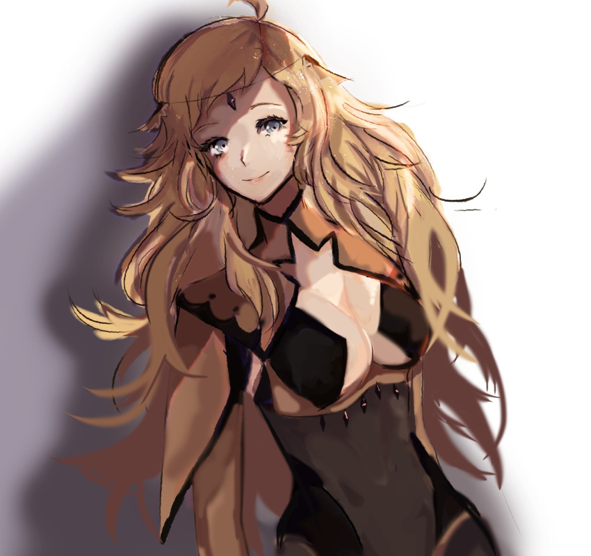 1girl, ahoge, bangs, blonde_hair, bodystocking, breasts, cape, circlet, closed_mouth, covered_navel, fire_emblem, fire_emblem_fates, grey_eyes, highres, lazeuli, long_hair, looking_at_viewer, medium_breasts, ophelia_(fire_emblem), turtleneck, upper_body