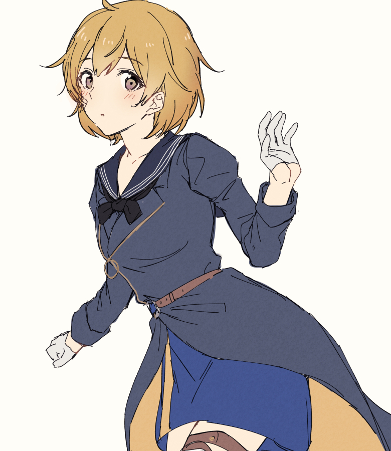 1girl, :o, bandaid, bandaid_on_cheek, bangs, blue_sailor_collar, blue_skirt, brown_eyes, cosplay, eyebrows_visible_through_hair, gloves, gotland_(kancolle), gotland_(kancolle)_(cosplay), half_gloves, kantai_collection, light_brown_hair, long_sleeves, military, military_uniform, oboro_(kancolle), parted_lips, sailor_collar, satsumi, short_hair, simple_background, skirt, solo, thigh_strap, uniform, white_gloves, yellow_background