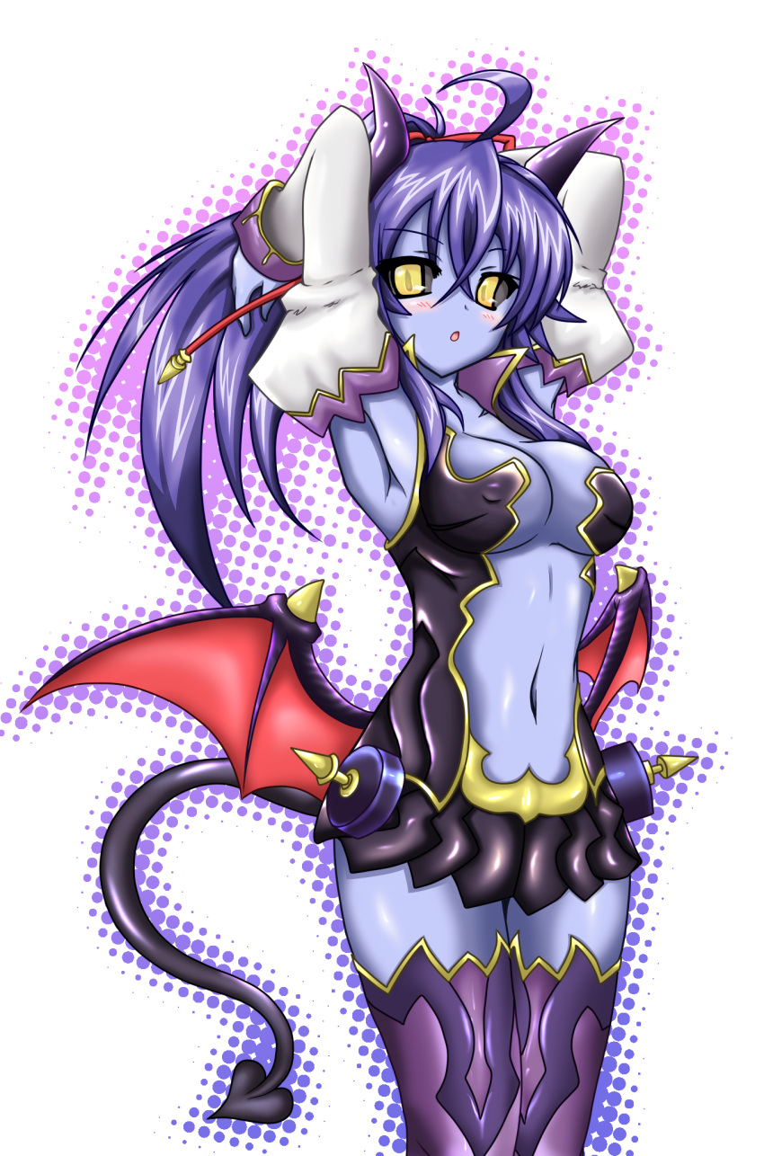 asmodeus_(shinrabansho), asmodeus_(shinrabanshou), black_sclera, blue_hair, blue_skin, blush, breasts, cleavage