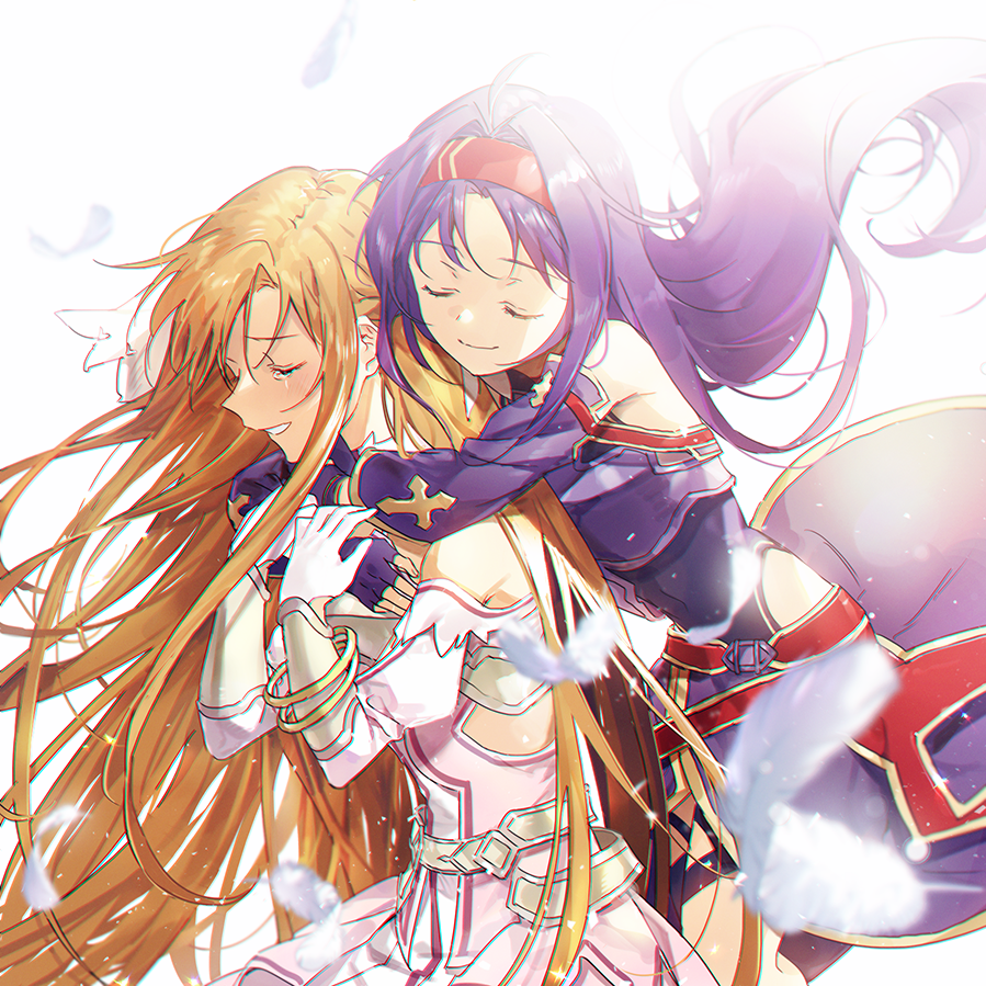 2girls, ahoge, armor, asuna_(sao), asuna_(stacia), bangs, bare_shoulders, bracelet