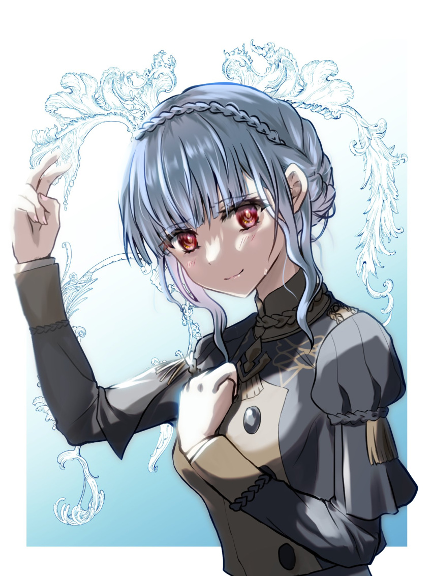 1girl, arm_up, bangs, blue_hair, blunt_bangs, blush, braid, breasts