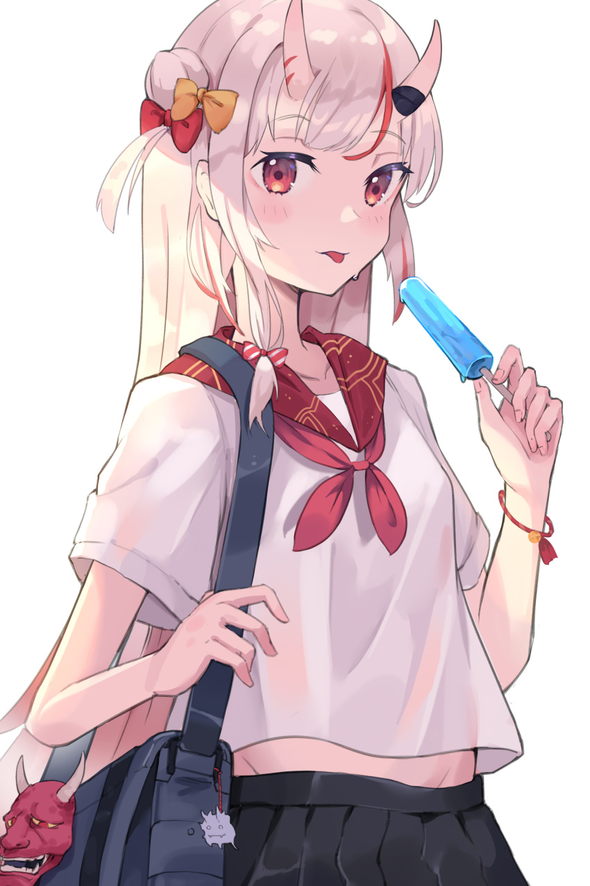 1girl, absurdres, alternate_costume, bag, black_skirt, blush, bracelet, breasts