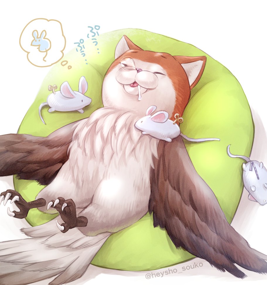 animal_ears, bean_bag_chair, bird, cat_ears, commentary_request, dreaming, feathered_wings, feathers