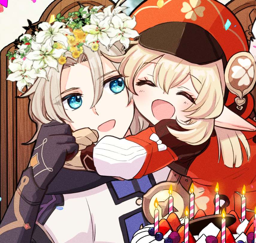 1boy, 1girl, ^_^, ^o^, albedo_(genshin_impact), belt, birthday_cake, black_gloves, blue_eyes, brown_gloves, brown_hair, cabbie_hat, cake, candle, closed_eyes, clover_print, coat, elbow_gloves, food, genshin_impact, gloves, hat, hat_feather, hat_ornament, head_wreath, hooded_coat, hug, hug_from_behind, kedama_toritai, klee_(genshin_impact), light_brown_hair, red_coat, red_headwear