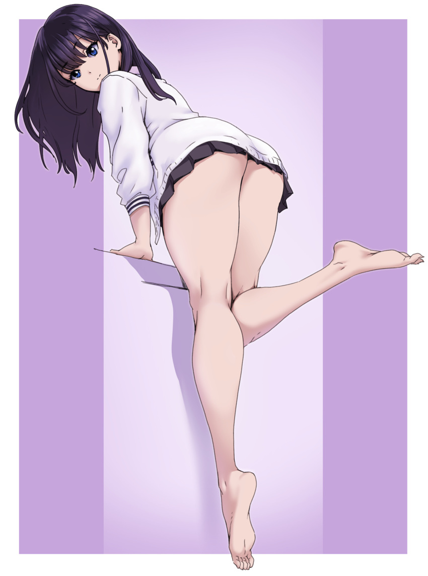 1girl, absurdres, ass, barefoot, bent_over, black_hair, black_skirt, cardigan