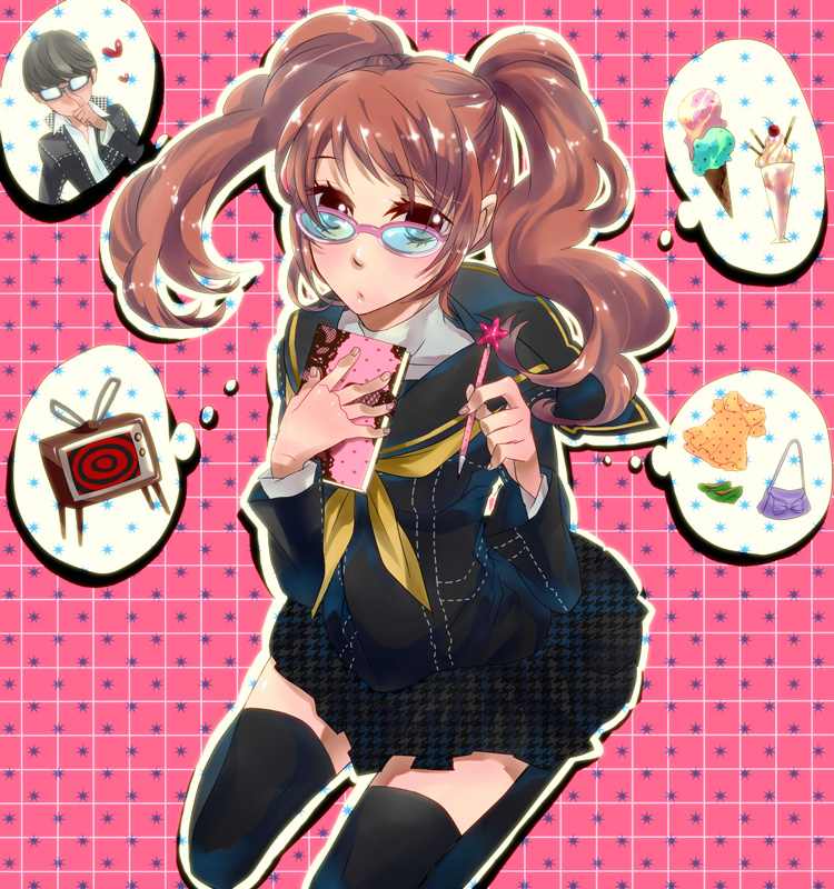 food, glasses, harumai, ice_cream, kujikawa_rise, long_hair, narukami_yuu, persona
