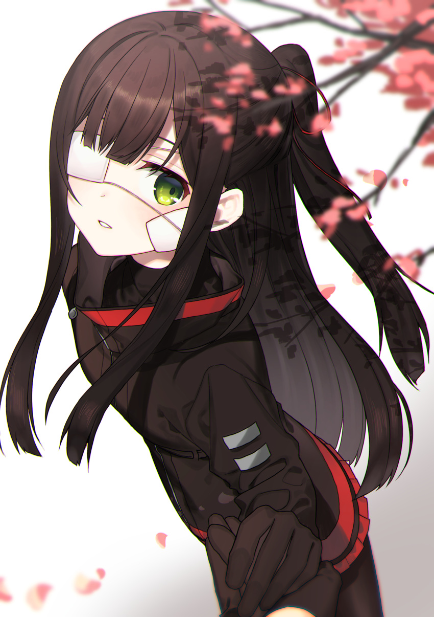1girl, absurdres, bandaid, bandaid_on_face, black_gloves, black_hair, black_legwear, blush