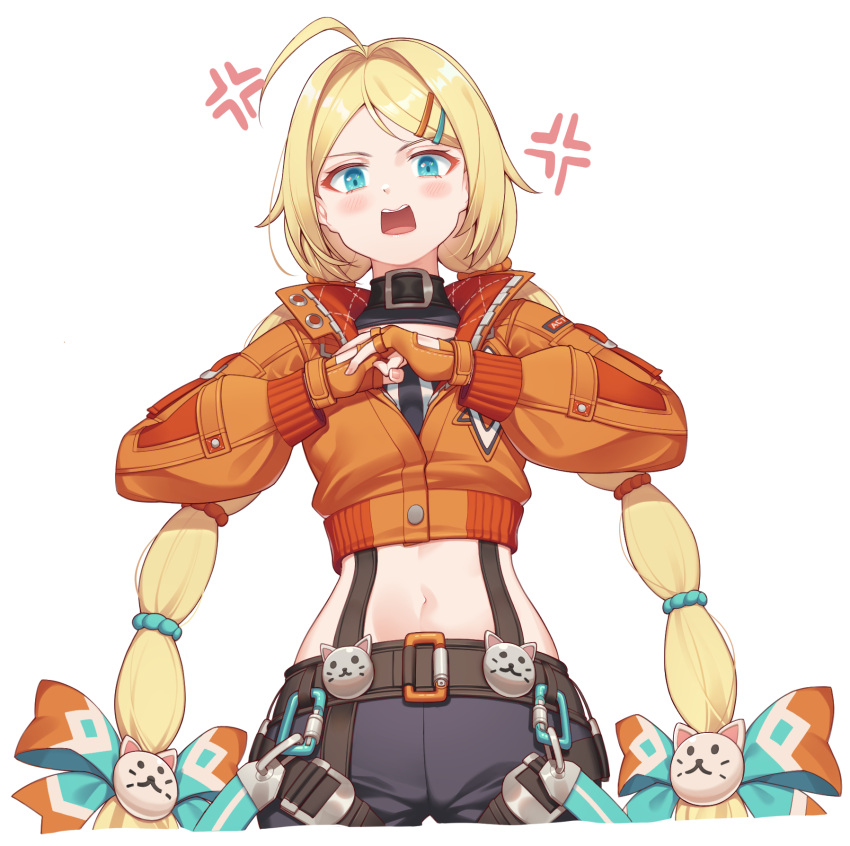 1girl, ahoge, anger_vein, angry, bike_shorts, black_shorts, black_survival, blonde_hair