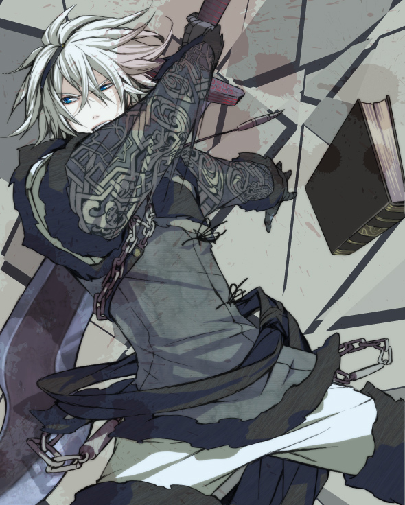 beniyama, blue_eyes, book, floating_book, male, nier, nier_(character), white_hair
