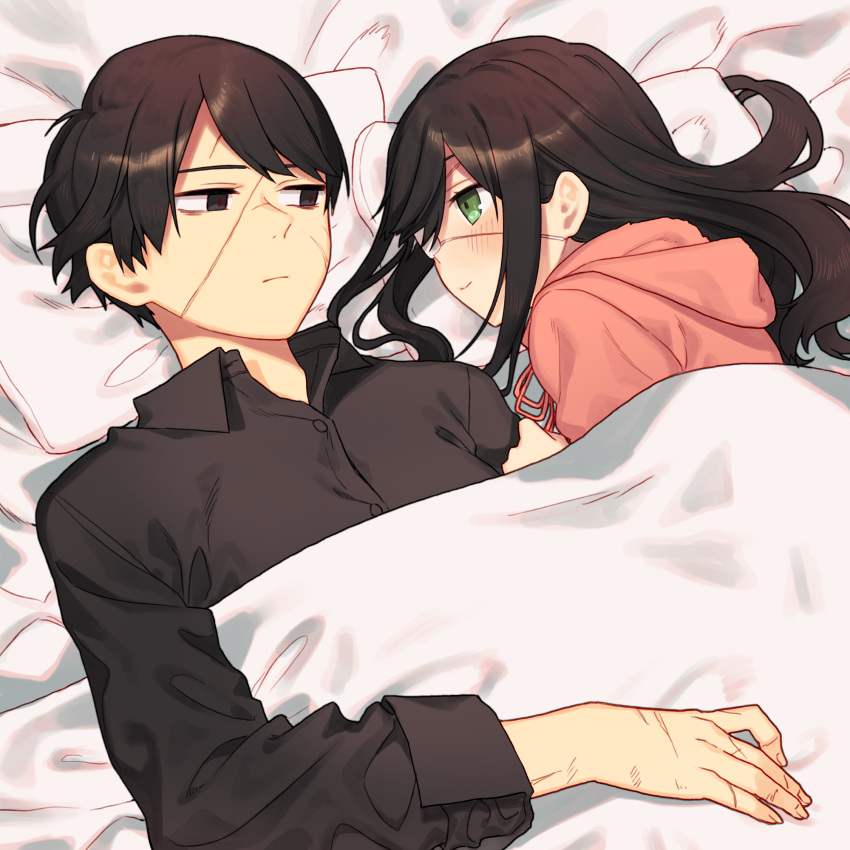 2girls, alternate_costume, bed, black_eyes, black_hair, black_shirt, blanket, blush