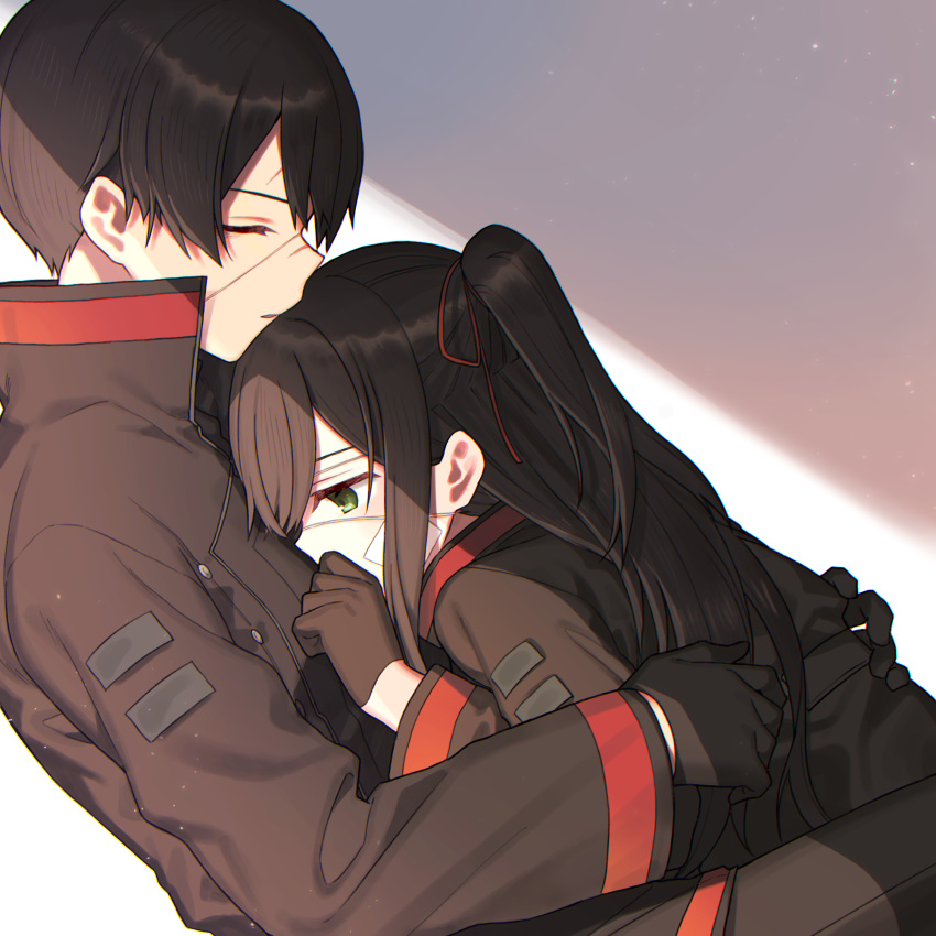 2girls, bandaid, bandaid_on_face, black_gloves, black_hair, chromatic_aberration, closed_eyes, coat, expressionless, gloves, green_eyes, hair_ribbon, hands_on_another's_chest, head_on_chest, height_difference, highres, hug, library_of_ruina, light_particles, long_hair, long_sleeves, looking_down, michael_1987, multiple_girls, parted_lips, ponytail, red_ribbon, ribbon, scar, scar_across_eye, scar_on_face, scar_on_nose, short_hair, sidelocks, simple_background, tall_female, tenma_(library_of_ruina), yujin_(library_of_ruina), yuri