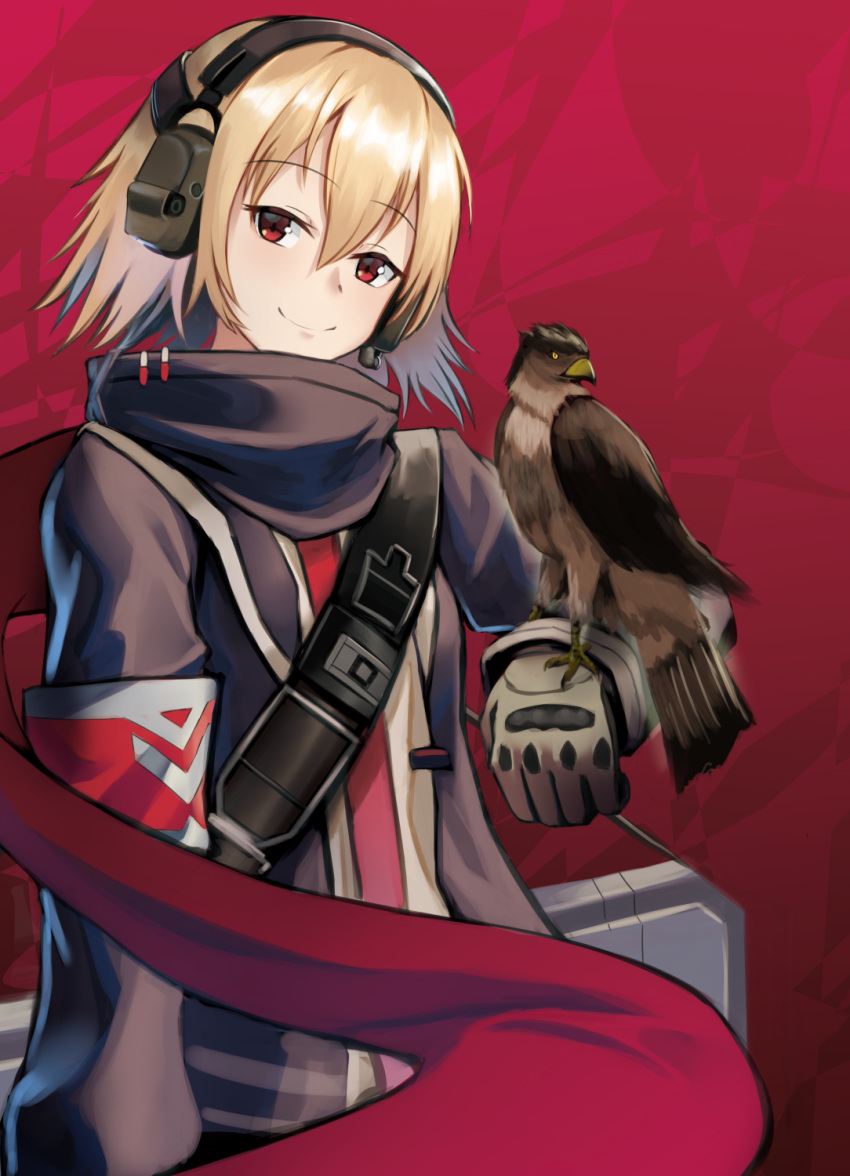 1girl, bird, bird_on_hand, blonde_hair, closed_mouth, eyebrows_visible_through_hair, feet_out_of_frame, girls_frontline