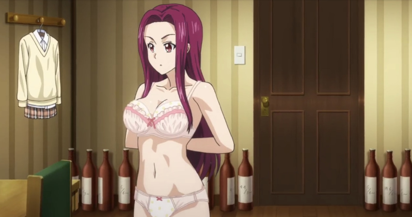 1girl, arms_behind_back, bottle, bow, bow_panties, bra, breasts, changing_clothes