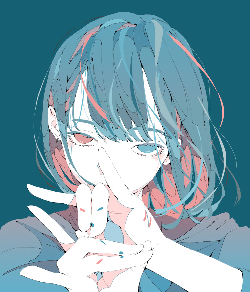 1girl, absurdres, bangs, blue_eyes, blue_hair, ear_piercing, earrings, fox_shadow_puppet, hair_behind_ear, heterochromia, highres, jewelry, looking_at_viewer, medium_hair, multicolored_hair, nocopyrightgirl, original, piercing, portrait, red_eyes, redhead, single_earring, solo, two-tone_hair