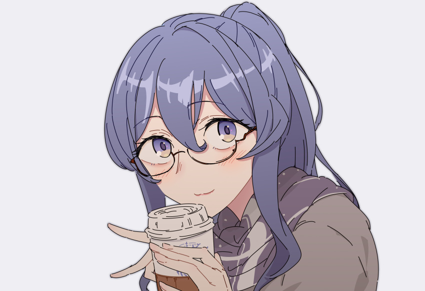 1girl, blue_eyes, blue_hair, blue_scarf, blush, coffee_cup, cup, disposable_cup