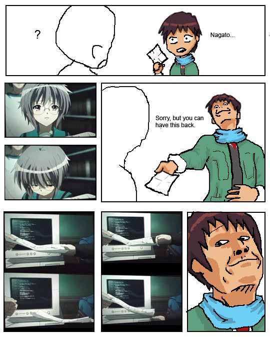 card_crusher, crying, humor, kyon, meme, nagato_yuki, parody, sad
