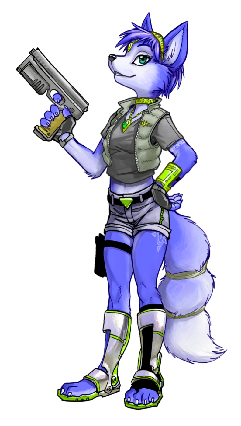 animal_ears, belt, black_socks, boots, bracelet, collar, female, fingerless_gloves, fox, fox_ears, fox_tail, furry, girl, gloves, green_eyes, grin, gun, hairband, hands_on_hips, highres, holster, hotpants, jewelry, kneehighs, krystal, legs, midriff, navel, necklace, one_sock, pistol, shirt, shorts, simple_background, smile, smirk, socks, solo, standing, starfox, tail, tattoo, vest, weapon