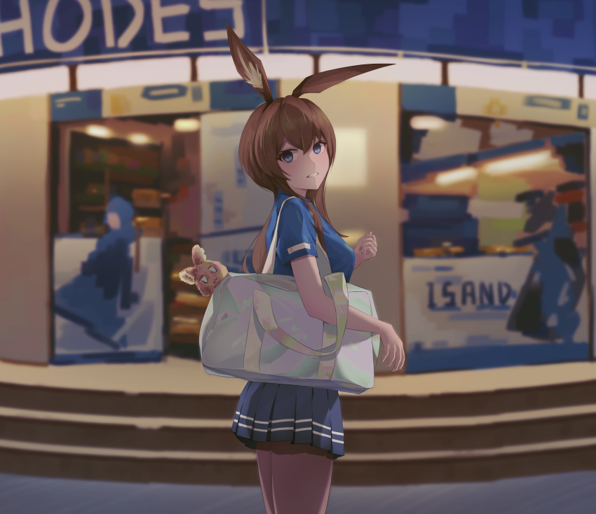 1girl, absurdres, alternate_costume, amiya_(arknights), animal_ears, arknights, bag, blue_eyes