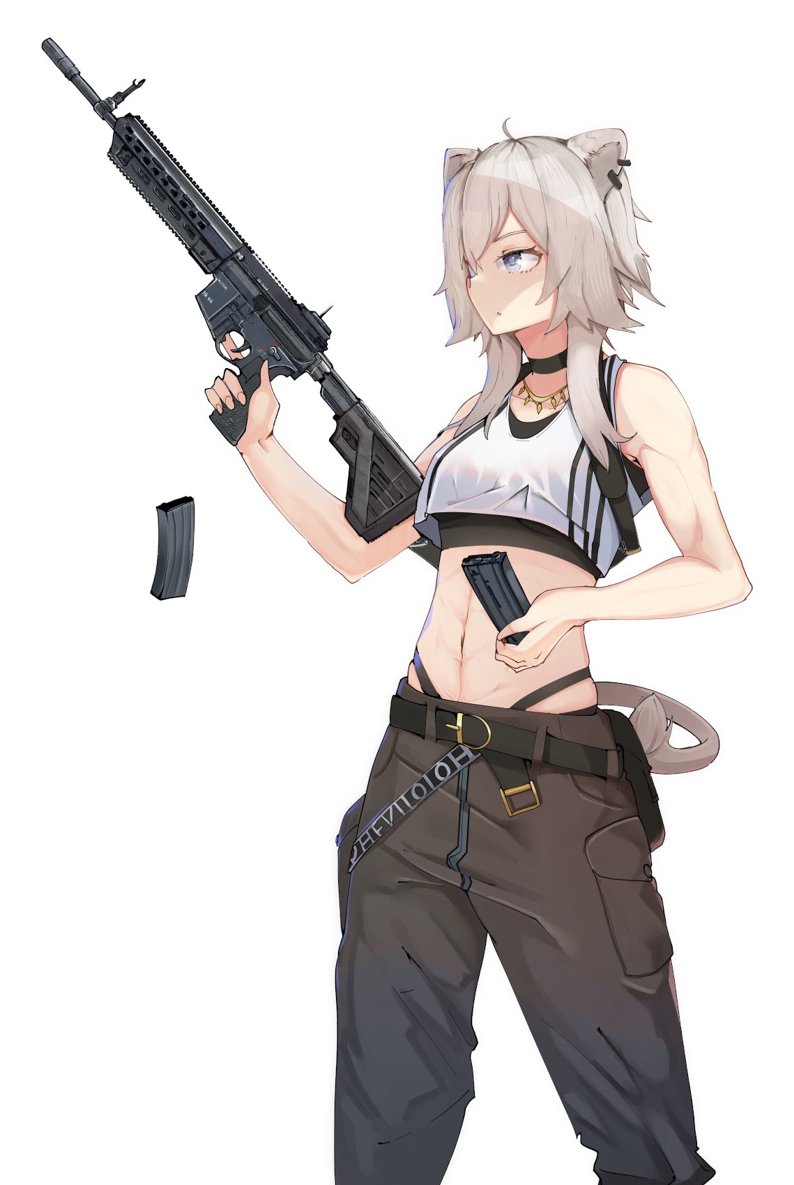 1girl, ahoge, animal_ears, assault_rifle, belt, breasts, cargo_pants, choker