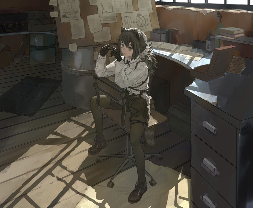 1girl, absurdres, animal_ears, animal_hands, arknights, black_footwear, black_legwear, black_shorts