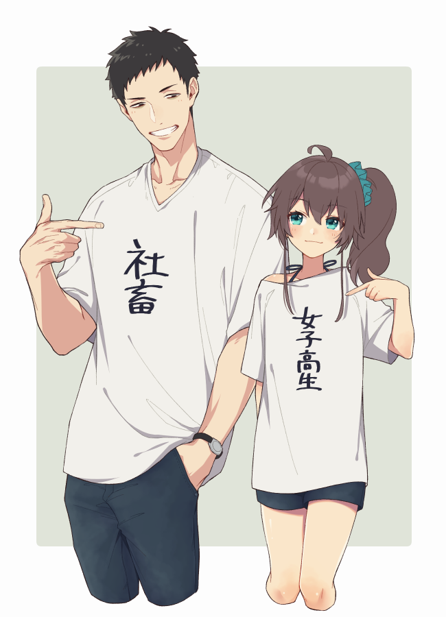 1boy, 1girl, ahoge, bangs, black_hair, blue_eyes, brown_hair, closed_mouth
