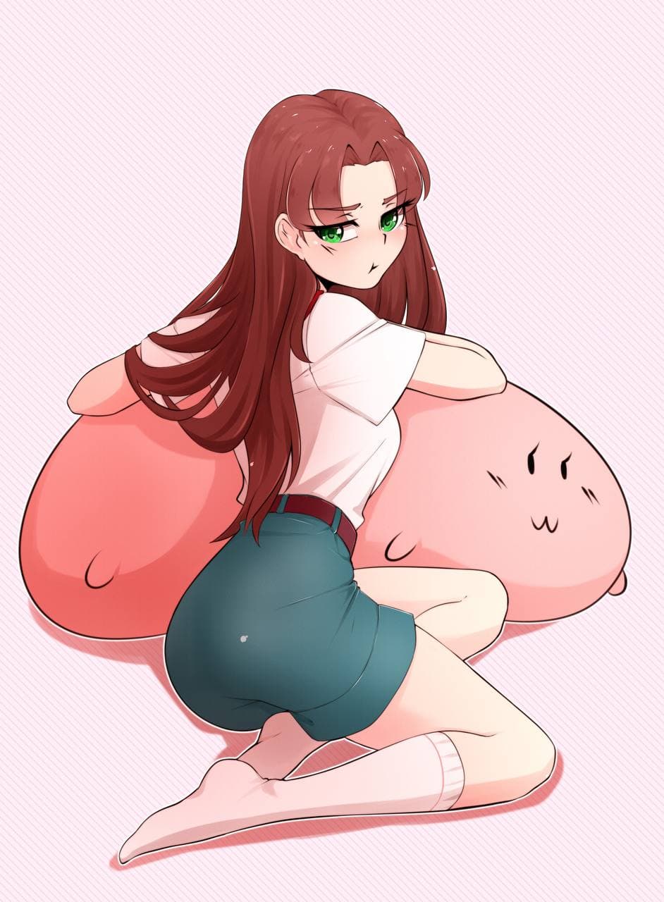 1girl, ass, bangs, belt, blue_skirt, blush, brown_belt, brown_hair, closed_mouth, commentary_request, deredereday, everlasting_summer, eyebrows_visible_through_hair, from_side, full_body, green_eyes, highres, leaning_to_the_side, long_hair, looking_at_viewer, mod-chan, parted_bangs, pillow, pink_background, russian_commentary, shirt, short_sleeves, simple_background, sitting, skirt, socks, solo, striped, striped_background, sulking, white_legwear, white_shirt