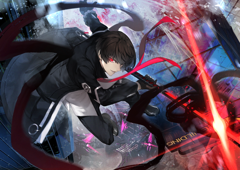 1boy, black_footwear, black_gloves, black_hair, bracelet, building, counter_side, gloves