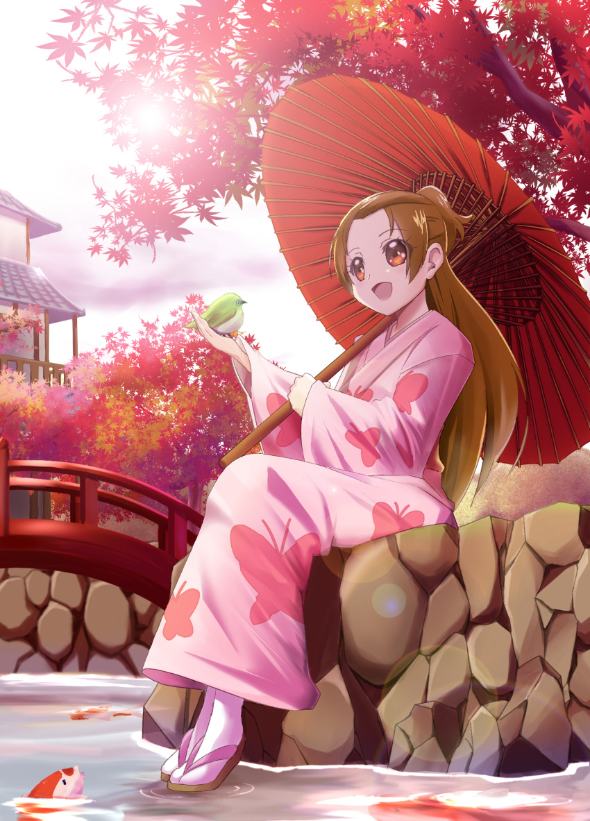 1girl, absurdres, alternate_costume, animal_print, autumn_leaves, bird, bridge, brown_hair