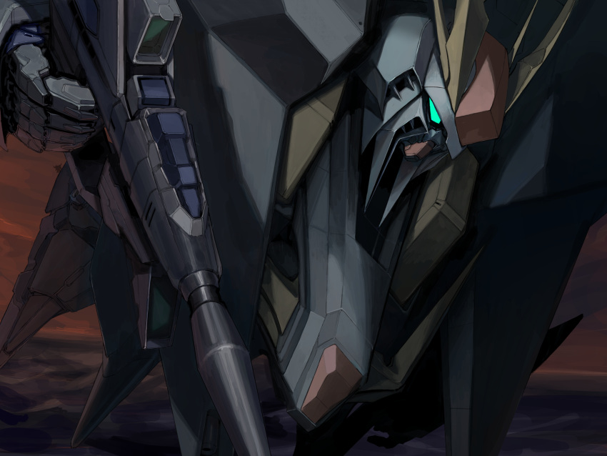 close-up, commentary, flying, green_eyes, gun, gundam, gundam_hathaway's_flash, highres