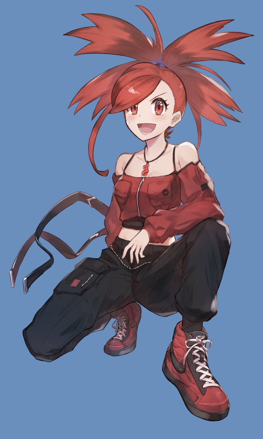 :d, absurdres, alternate_costume, bare_shoulders, belt, black_pants, blue_background, breast_pocket