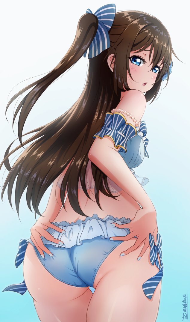 1girl, armband, ass, bangs, bikini, bikini_skirt, blue_bikini, blue_bow, blue_eyes, blush, bow, brown_hair, embarrassed, frilled_bikini, frills, hair_between_eyes, hair_bow, hair_ornament, half_updo, hands_on_own_ass, long_hair, looking_at_viewer, looking_back, love_live!, love_live!_nijigasaki_high_school_idol_club, open_mouth, ousaka_shizuku, ponytail, ribbon, satolive20, simple_background, solo, standing, swimsuit, thigh_gap, thighs