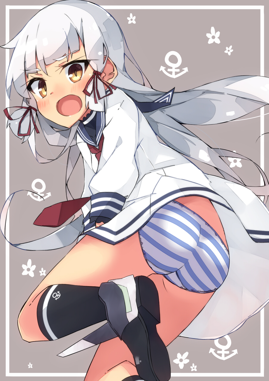 1girl, anchor_symbol, beritabo, black_footwear, black_legwear, blue_sailor_collar, blue_skirt, blush, dress, hair_ribbon, highres, kantai_collection, kneehighs, long_hair, murakumo_(kancolle), necktie, open_mouth, panties, red_neckwear, red_ribbon, ribbon, sailor_collar, sailor_dress, silver_hair, skirt, solo, striped, striped_panties, tress_ribbon, underwear, white_dress, yellow_eyes