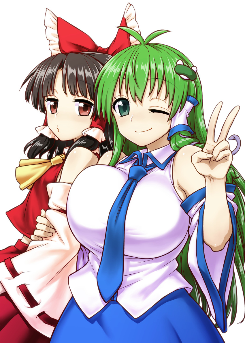 2girls, absurdres, ahoge, armpit_peek, ascot, bangs, black_hair, blue_neckwear, blue_skirt, bow, breasts, comiket_95, cover, detached_sleeves, frog, frog_hair_ornament, green_eyes, green_hair, hair_ornament, hakurei_reimu, highres, holding_own_arm, itou_yuuji, kochiya_sanae, large_breasts, long_hair, multiple_girls, necktie, o3o, one_eye_closed, red_eyes, red_shirt, red_skirt, ribbon-trimmed_sleeves, ribbon_trim, shirt, skirt, smile, snake, touhou, translation_request, v, white_shirt, white_sleeves, yellow_neckwear