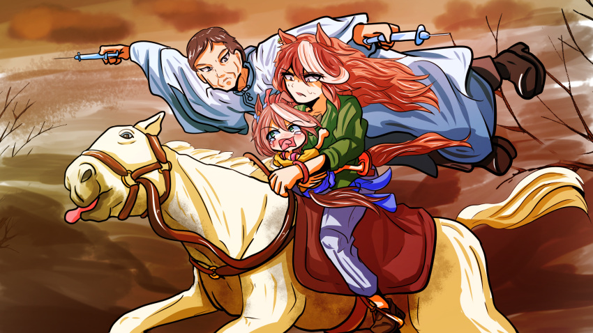 1boy, 1other, 2girls, animal_ears, bridle, casual, commentary, crying, dual_wielding, erlkoenig, father_and_son, fine_art_parody, gold_ship_(racehorse), highres, holding, holding_syringe, horse_ears, horse_girl, horse_tail, horseback_riding, long_hair, mejiro_family_doctor, multicolored_hair, multiple_girls, parody, reins, riding, robe, saddle, scene_reference, segen311, streaked_hair, sunken_cheeks, symboli_rudolf_(umamusume), syringe, tail, tokai_teio_(umamusume), umamusume, younger