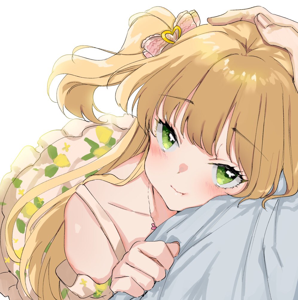 1boy, 1girl, :t, blonde_hair, blush, collarbone, dress, eyebrows_visible_through_hair, green_eyes, headpat, holding_another, hug, idolmaster, idolmaster_cinderella_girls, jougasaki_rika, looking_at_viewer, looking_up, nonoyama, pov, pov_hands, print_dress, producer_(idolmaster), simple_background, sleeveless, sleeveless_dress, two_side_up