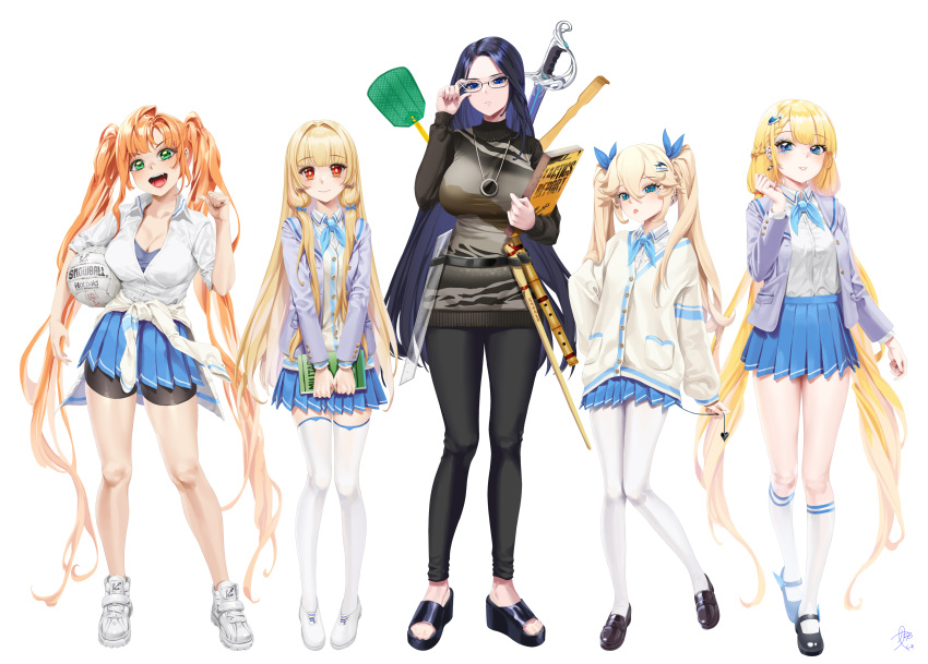 5girls, :p, absurdres, bangs, bike_shorts, bike_shorts_under_skirt, blazer, blue_eyes