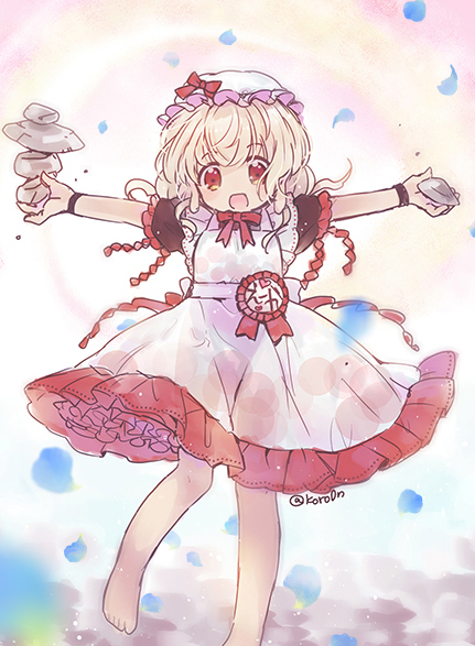 1girl, adapted_costume, bangs, barefoot, biyon, black_wristband, blonde_hair, bow