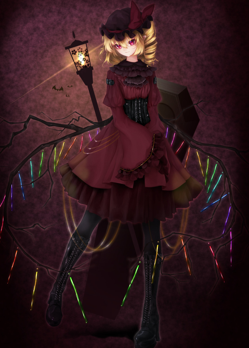 1girl, absurdres, alternate_costume, ascot, bat, black_legwear, blonde_hair, boots