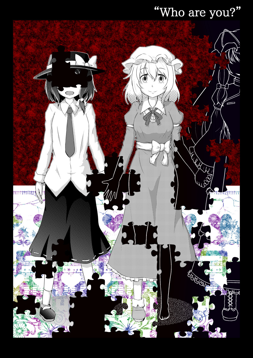 3girls, bow, dual_persona, empty_eyes, faceless, faceless_female, female, holding_hands