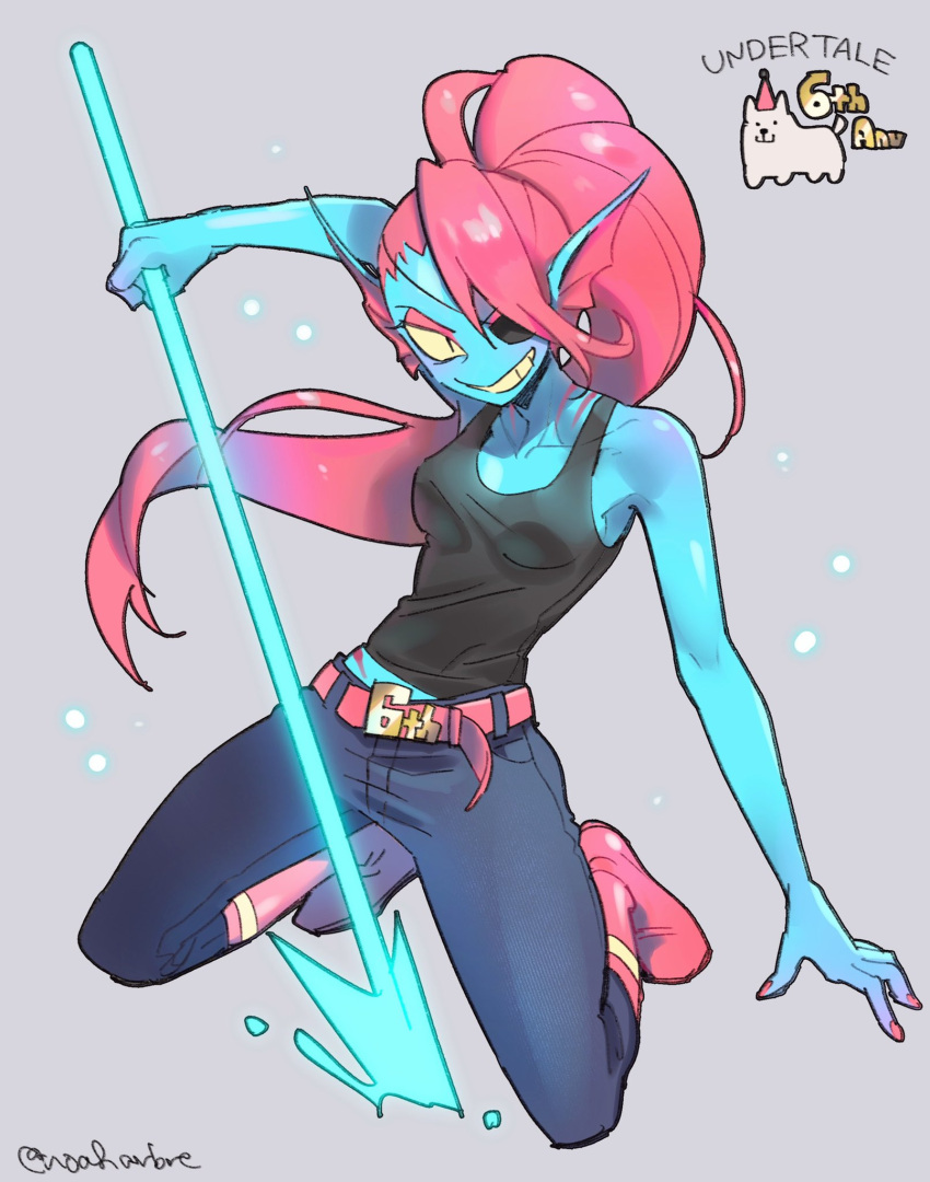 1girl, anniversary, annoying_dog, arm_up, bangs, bare_arms, bare_shoulders, belt
