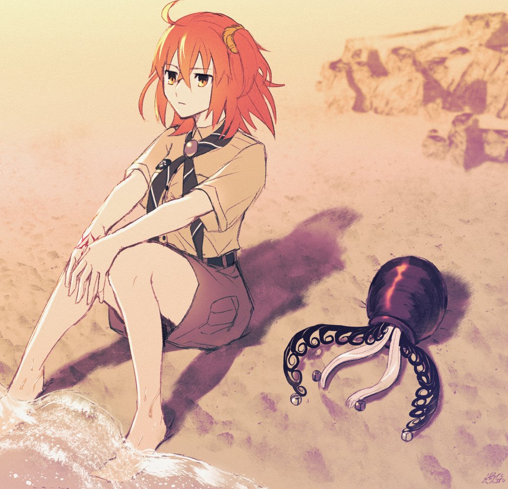 1boy, 1girl, ahoge, ashiya_douman_(fate), ayamatazu, barefoot, beach, chaldea_pathfinder