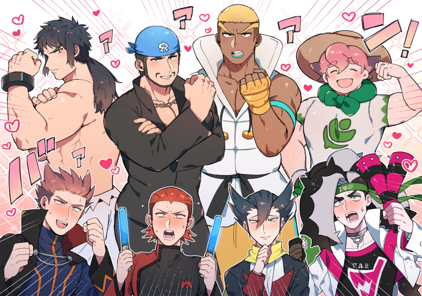 6+boys, age_(moco018), archie_(pokemon), bangs, beige_headwear, black_cape, black_eyes, black_hair
